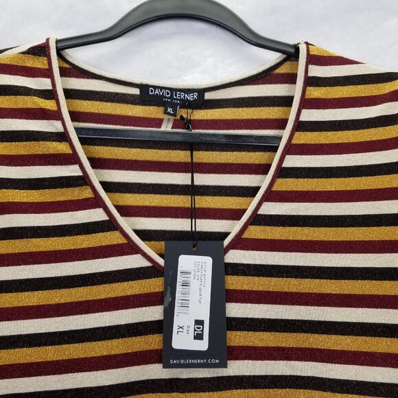 David Lerner Shimmer Stripe Top Women's XL V-Neck Puff 3/4 Sleeve Gold Red NEW - Picture 2 of 16